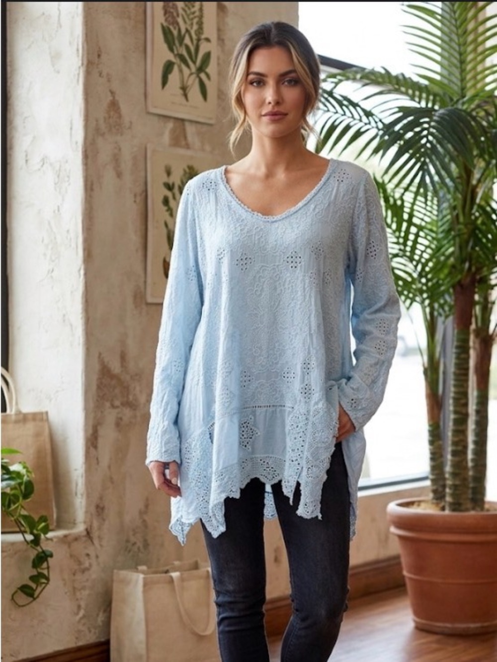 Johnny Was Light Blue Embroidered Tunic Top size  XXL